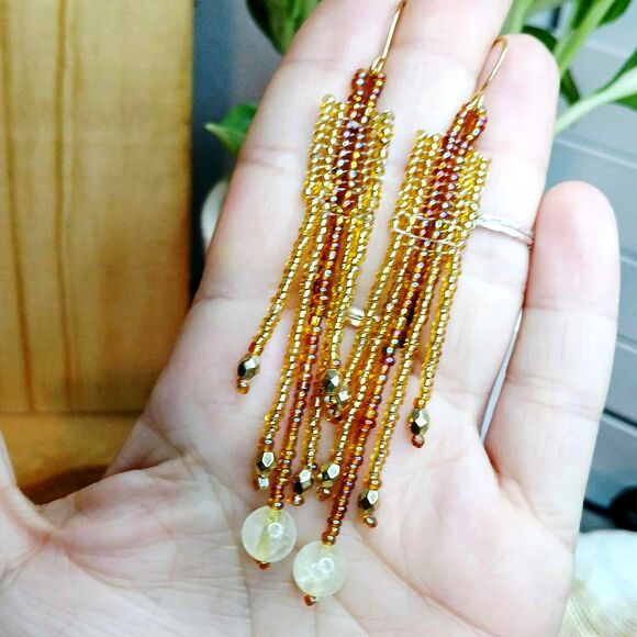 Gold Rush Citrine Beaded Fringe Dangle Earrings, Gemstone Jewelry 4" - Picture 6 of 8